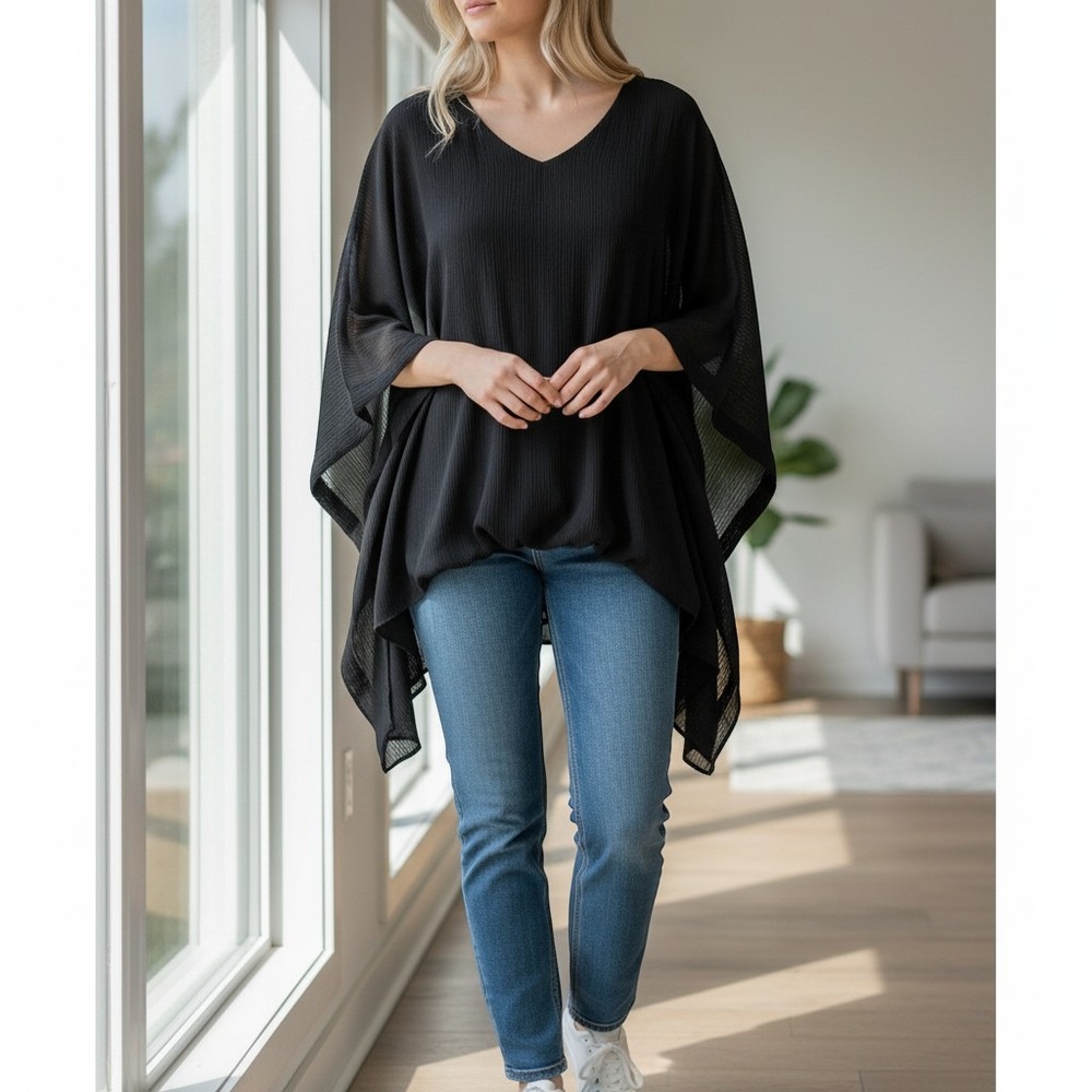 Tyche (Black) Pleated Poncho Blouse Womens Small